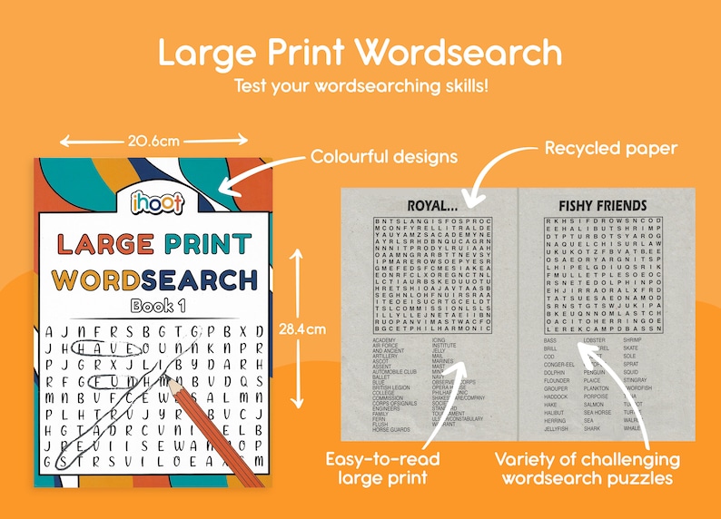 May include: A large print word search book, 20.6 cm wide and 28.4 cm tall, with colorful designs and recycled paper. The cover reads "Large Print Wordsearch Book 1". Inside are word search puzzles with easy-to-read large print.