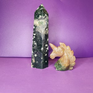 Green Moss Agate Tower & Ocean Jasper Unicorn Carving Set