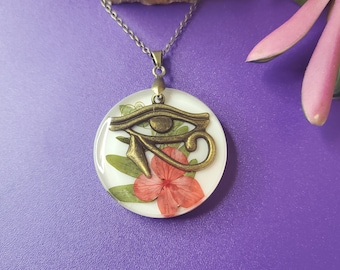 Antique Gold/Bronze Eye of Horus White Flower Pendant Necklace