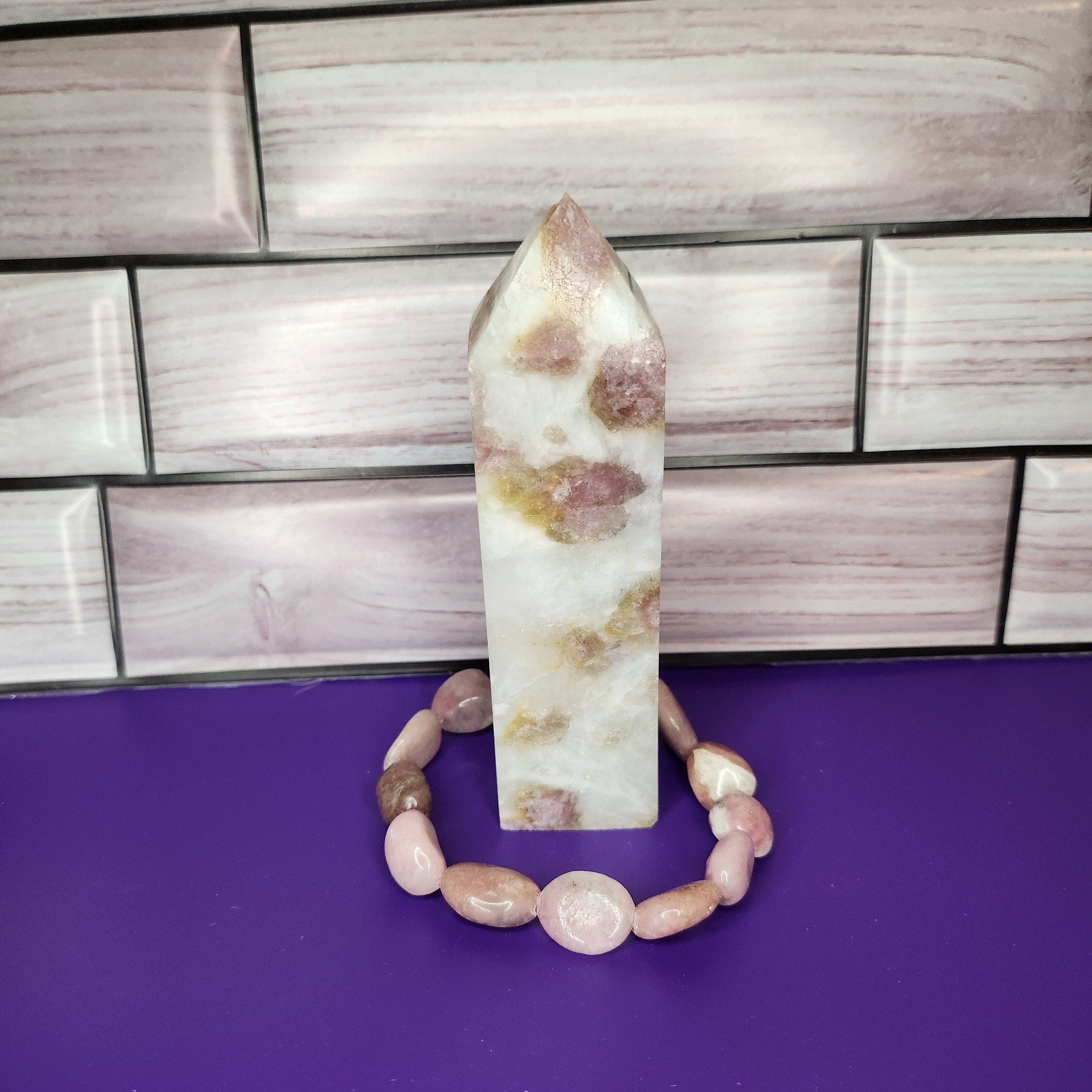Two Pieces: Pink Tourmaline Crystal Stone Tower and Bracelet