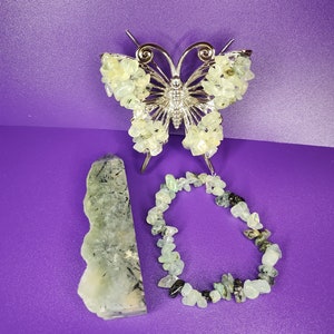 Three Pieces: Prehnite Butterfly, Tower and Chip Bracelet