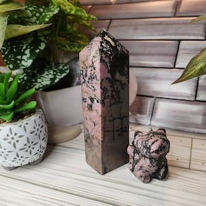 Two Pieces: Rhodonite Tower and Toothless Crystal Stone Carving