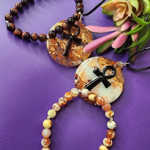 Ankh Cross Pendant Necklace with Beaded Stone Bracelet