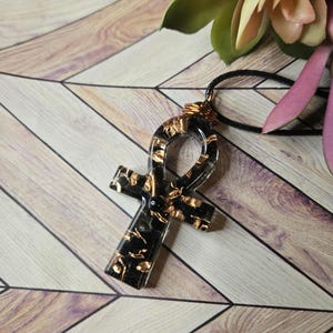 Obsidian Copper Ankh Pendant Necklace