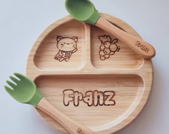 Personalized Children's Dinner Set - Bamboo Plates - Cutlery - Baby Tableware - Silicone Base - Suction Cup - Wood - Gift - Birthday