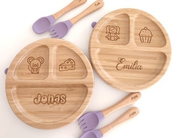 Personalized Children's Dinner Set - Bamboo Plates - Cutlery - Baby Tableware - Silicone Base - Suction Cup - Wood - Gift - Birthday