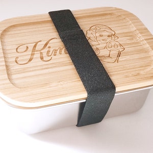 Auslaufsichere personalisierter Lunchbox - Brotdose - Edelstahlbox mit Bambusdeckel - Gummiband - Nachhaltige  - Wunschgravur