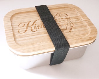 Auslaufsichere personalisierter Lunchbox - Brotdose - Edelstahlbox mit Bambusdeckel - Gummiband - Nachhaltige  - Wunschgravur