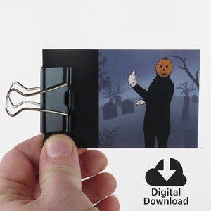 May include: A digital download of a printable illustration of a person wearing a pumpkin head in a graveyard setting. The person is giving a thumbs up. The illustration is in a cartoon style.