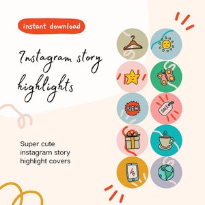 May include: A set of nine colorful Instagram story highlight covers with various illustrations, including a hanger, sun, star, butterfly, gift box, coffee cup, phone, globe, and a tag that says "Sale".