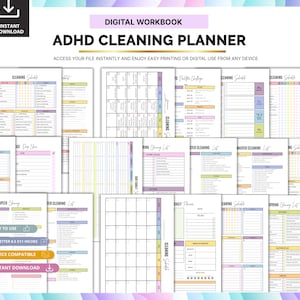 Può includere: Un quaderno di lavoro digitale intitolato "ADHD Cleaning Planner" con varie pagine stampabili. Le pagine includono programmi di pulizia, liste di controllo e modelli di pianificazione giornaliera. La combinazione di colori è pastello con il testo "Download istantaneo".