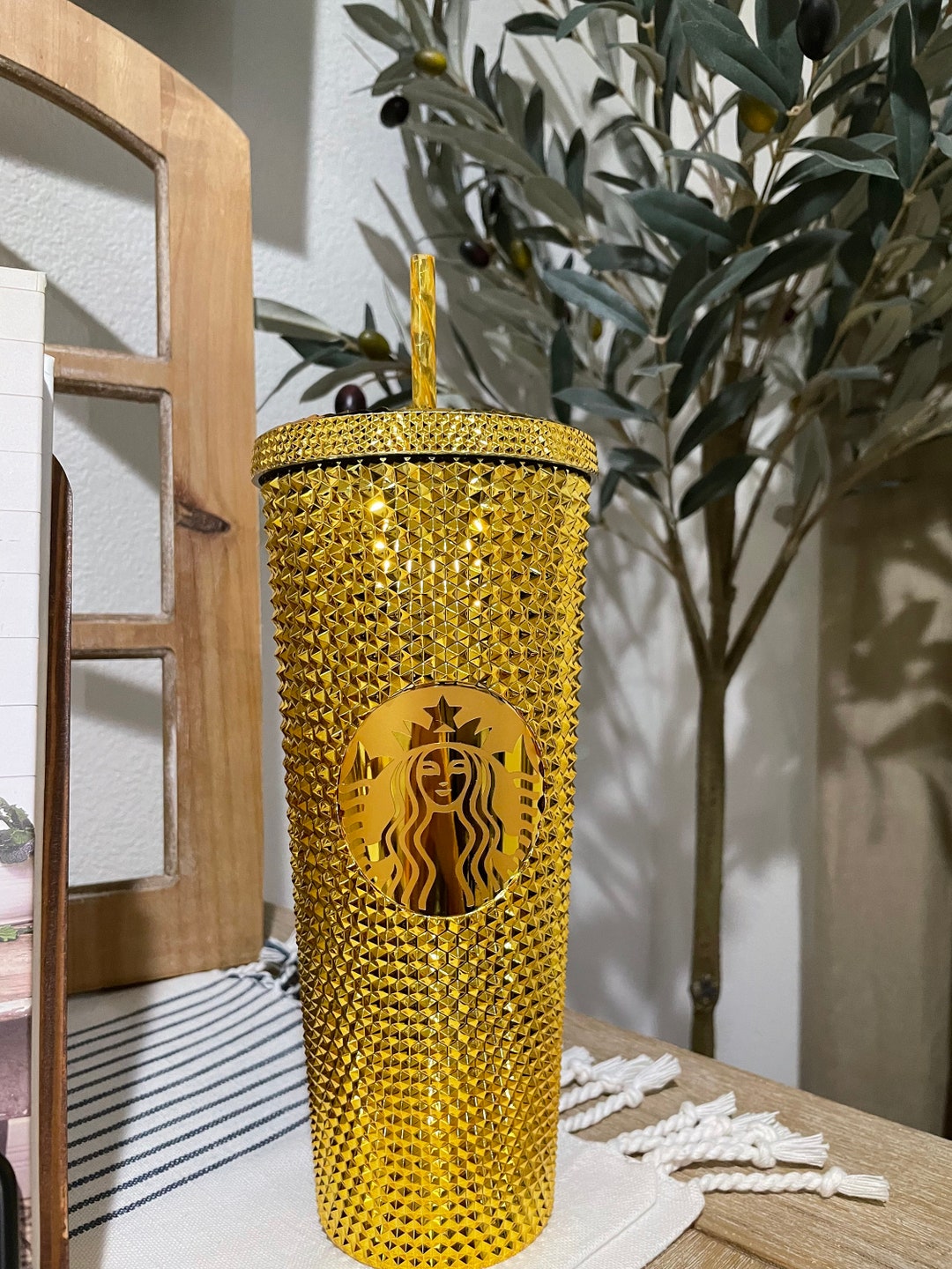 Gold Starbucks Inspired Cup Studded Double Wall Tumbler With Lid and