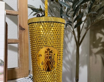 Gold Starbucks Inspired Cup | Studded Double Wall Tumbler with Lid and Straw | BPA Free Leak Proof Reusable Coffee Cup | Venti 24oz