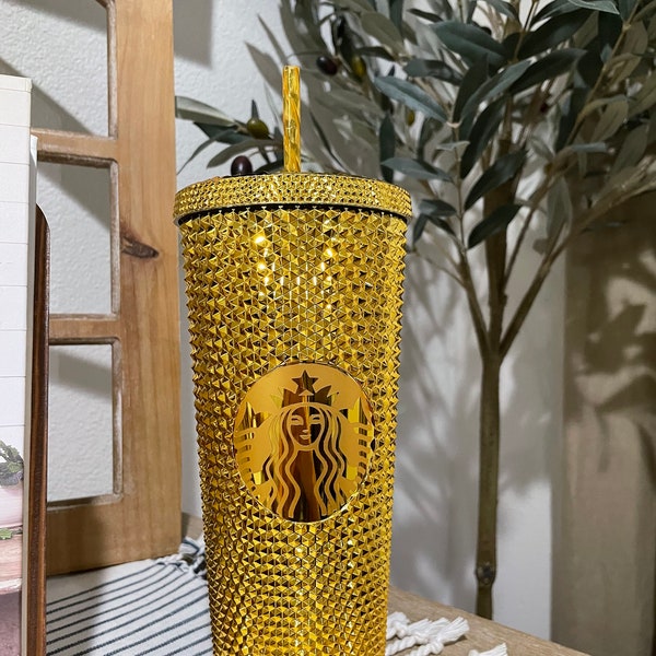 Gold Starbucks Inspired Cup | Studded Double Wall Tumbler with Lid and Straw | BPA Free Leak Proof Reusable Coffee Cup | Venti 24oz