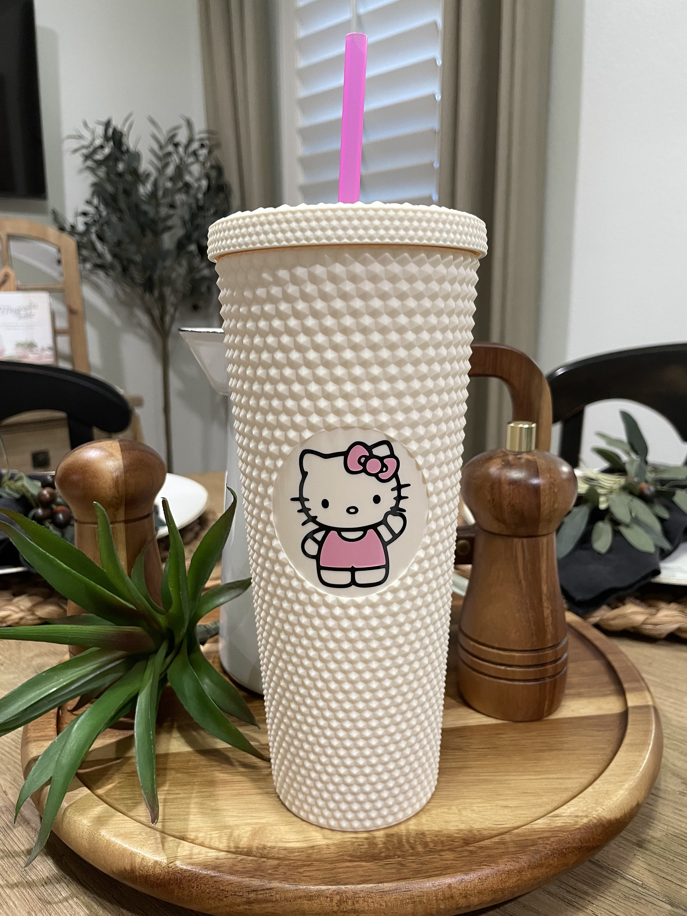 1 Custom 16oz GLASS ICED COFFEE CUP HELLO KITTY WINK VINYL with LID & STRAW