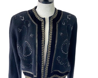 Magnolia Vintage Womens Cardigan Size Large Open Jacket Sweater Black Beaded