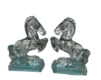 L.E. Smith Bookends Clear Glass Vintage Rearing Horse Set Of Two Retro Detailed