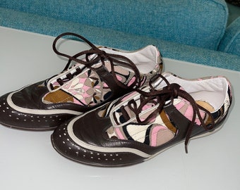 Emilio Pucci Vintage Womens Sneakers Size 7.5 Pink Brown Leather Corduroy Lace