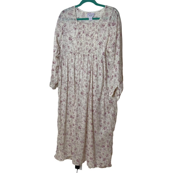 April Cornell Vintage Womens Nightgown Size Large Cream Floral Pure Cotton