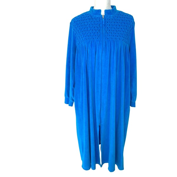 Vintage Velour Robe Womens Plush Full Front Zip Pockets Gathered Details Blue