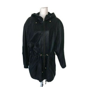 Paris Sports Club Leather Jacket Womens Vintage Black Gold Hooded Full Zip