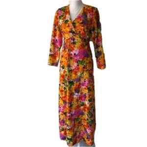 Floral Maxi Dress Womens Vintage Empire Waist Matching Belt Brooch Pink Orange