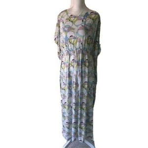 L. Tavernier Caftan One Size OSFM Womens Vintage Lounge Dress White Pink Blue