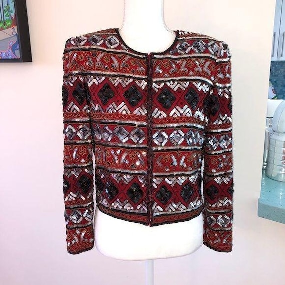 Silk Jacket Medium Womens Vintage Sequin Beaded C… - image 10