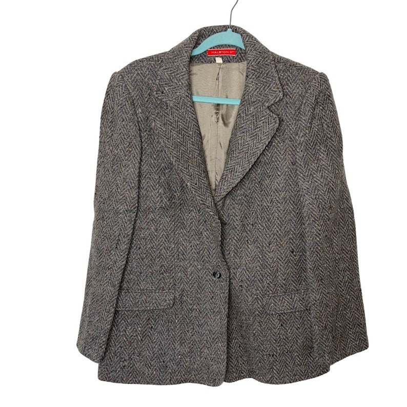 Halston III Womens Wool Blazer shops Gray Size 14 Vintage Herringbone Tweed Acetate