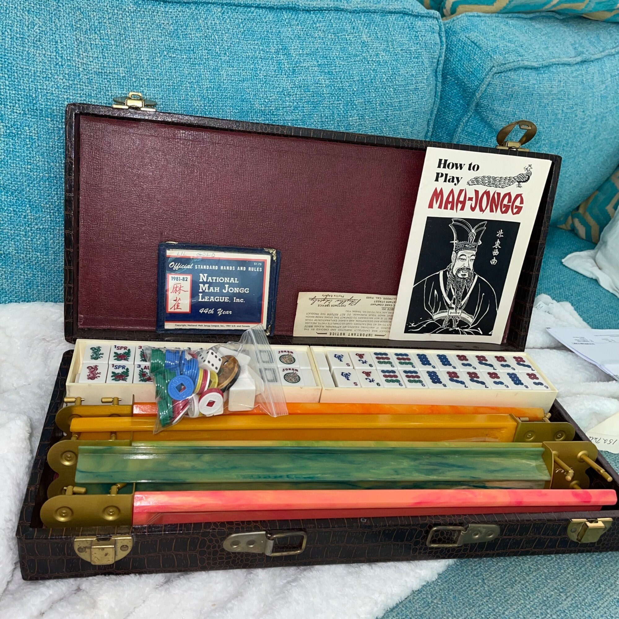 Mid Century Butterscotch Mahjong Game Set in Alligator Case, 5 Wood Racks
