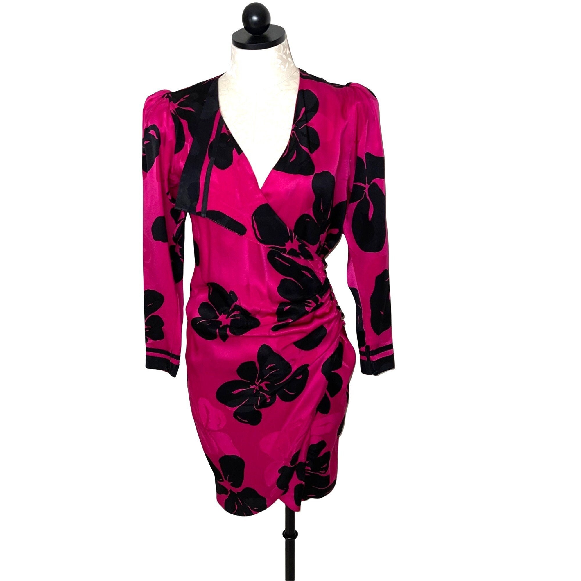 Flora Kung Silk Dress Womens Size 2 Petite Vintage Ties Floral Hot Pink Black Etsy