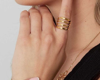 Vierlagiger Damen Ring in Gold Verstellbar, Minimalistischer Damen Ring, Ideales Geschenk für sie, Wasserfester Ring, Schmuck 18K Vergoldet