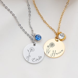 Personalisierte Halskette mit Anhänger und Geburtsmonatsblume Personalisierte Namenskette mit Anhänger personalisiert mit Namen Geburtsstein Personalisiertes Geschenk für sie Muttertag Geschenke für Mama