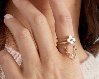 Verstellbarer Kleeblatt Ring in Gold, Trendiger Damen Ring in Blumen Form mit Kette, Ideales Geschenk für sie, Wasserfester Blumen Schmuck