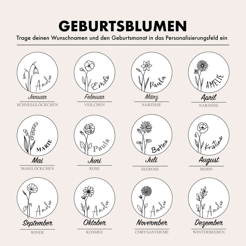 Personalisierte Namenskette mit Anhänger und Geburtsmonatsblume Halskette personalisiert mit Namen