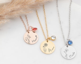 Gepersonaliseerde ketting met naam en geboortebloem - Individueel cadeau voor haar op haar verjaardag met geboortesteen, ketting voor Moederdag