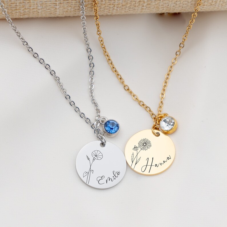 Personalisierte Halskette mit Anhänger und Geburtsmonatsblume Personalisierte Namenskette mit Anhänger personalisiert mit Namen Geburtsstein Personalisiertes Geschenk für sie Muttertag Geschenke für Mama