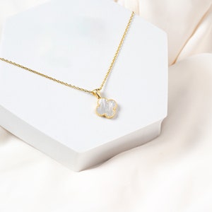 Women's necklace with clover leaf in gold, four-leaf white clover, gift for her, golden chain with sterling silver pendant image 2