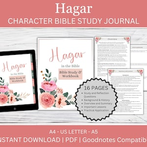 May include: A digital Bible study journal titled "Hagar" with floral accents. The journal is available in PDF format and includes 16 pages with study questions, background, overview, and practical application sections. The journal is compatible with Goodnotes.