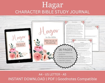 Puede incluir: Un diario de estudio bíblico digital titulado "Hagar" con detalles florales. El diario está disponible en formato PDF e incluye 16 páginas con preguntas de estudio, antecedentes, resumen y aplicaciones prácticas. Compatible con Goodnotes.