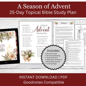 Könnte beinhalten: Ein druckbarer 25-tägiger Advents-Bibelstudienplan mit floralem Design. Der Plan beinhaltet tägliche Lesungen, Studienfragen, Arbeitsblätter und Malvorlagen. Er ist mit Goodnotes kompatibel.