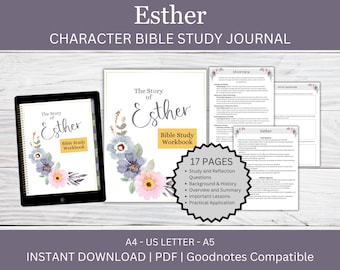 Puede incluir: Un cuaderno de estudio bíblico digital para el libro de Ester. La portada presenta un diseño floral de acuarela en tonos rosa, azul y amarillo. El título "The Story of Esther" está escrito en una fuente decorativa. El cuaderno tiene 17 páginas e incluye preguntas de estudio y reflexión, antecedentes e historia, descripción general y resumen, lecciones importantes y aplicación práctica. El cuaderno es compatible con Goodnotes.