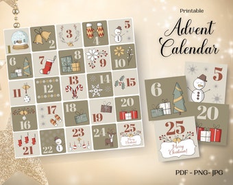 Printable Christmas Advent Calendar, Kids Countdown Tags (PDF, PNG, JPG)