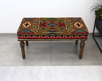 Acogedor banco otomano rústico, asiento kilim turco tapizado, puf tapizado para dormitorio, taburete decorativo para entrada, mueble con acento de color café