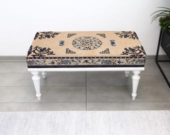 Upholstered Ottoman Rustic Kilim Bench, Handmade Turkish Seat, Decorative Living Room Accent Pouf, Bedroom Ottoman, Entryway Bench