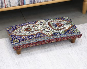 Retro Ottoman Footstool, Upholstered Decorative Cozy Footrest, Turkish Inspired Stool for Bedroom, Entryway, or Living Room Spaces