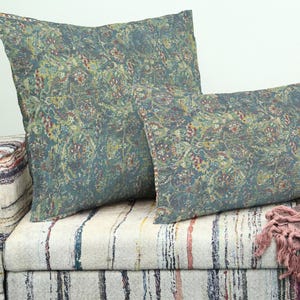 May include: Two cushions with a floral pattern in shades of teal, green, and red. The cushions are placed on a patterned sofa with a matching throw. The cushions add a touch of elegance to the living room.