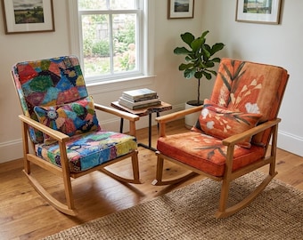 Mecedora estilo bohemio, silla auxiliar con estampado Kilim, mecedora de madera para habitación infantil, sillón de lectura acogedor, mecedora moderna para salón.