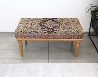 Rustiek decoratief gestoffeerde kelim poef, handgemaakte Turkse stoel, poef slaapkameraccent, halmeubilair, woonkameraccent