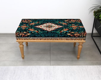 Decorative Rustic Kilim Ottoman Bench, Handmade Upholstered Seat for Bedroom, Turkish Accent Pouf, Entryway Furniture, Coffee Room